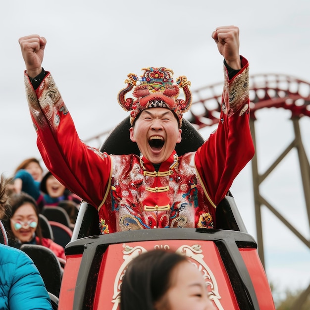 Young people enjoy holidays on the day of the Chinese New Year festival riding roller coasters full