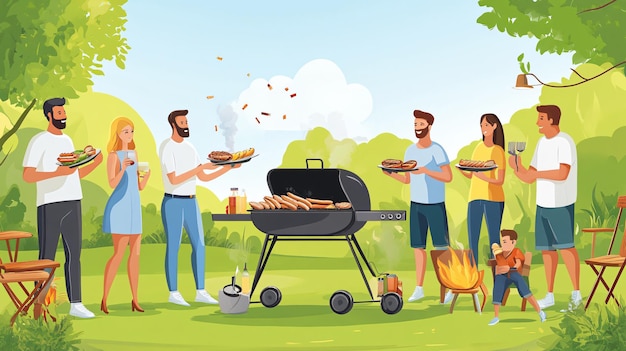 Photo young people having barbecue with modern grill outdoors