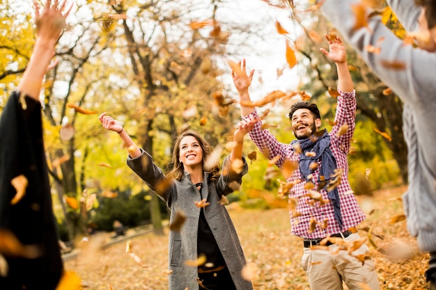 Young people having fun in the autumn park