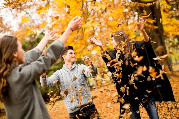 Young people having fun in the autumn park