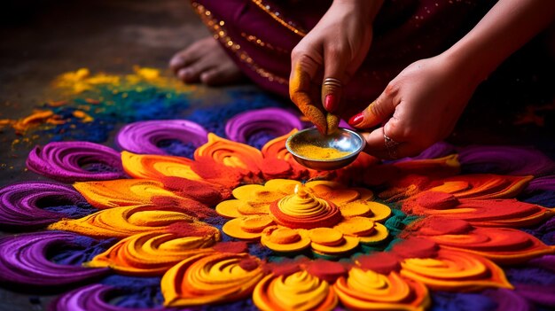 young people holding colorful powder in hands at holi festival