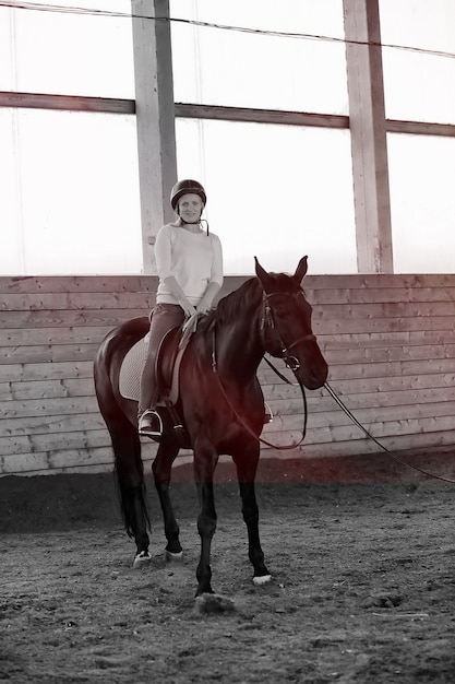 Young people on a horse training in a wooden arena