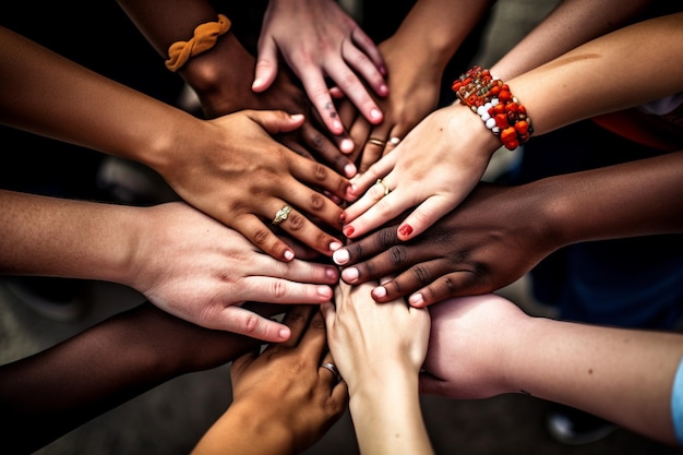 Young people multiracial stacking hands together make symbol supporting each other