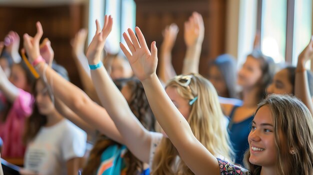 Photo young people raise their hands in class eager to participate