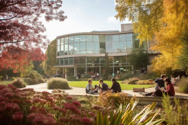 Young people sitting with their friends in the university garden Generative AI