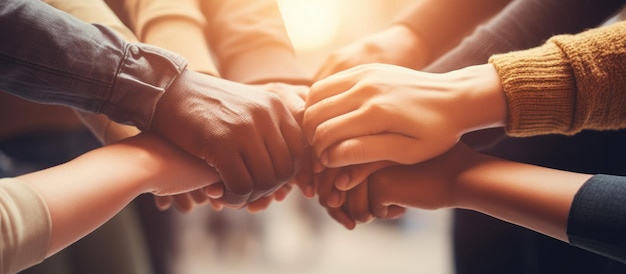 Young people stacking hands with copy space