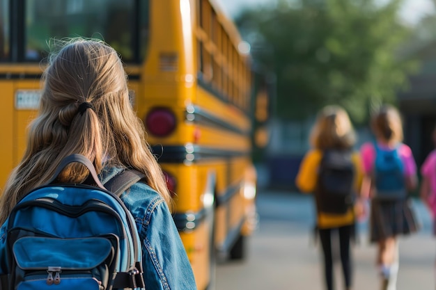 young people starting high school The background of the school bus faded perspective from the back Generative AI