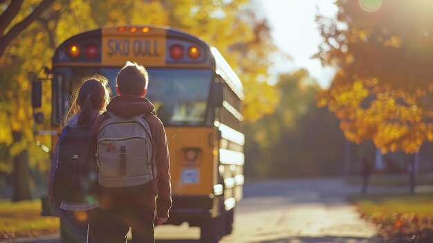 young people starting high school The background of the school bus faded perspective from the back Generative AI