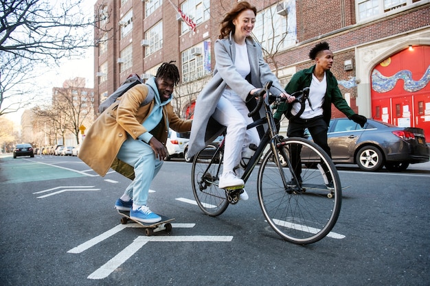 Young people using sustainable mobility