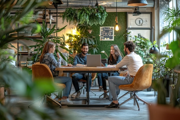 Photo young people working and meeting in modern coworking space with plants