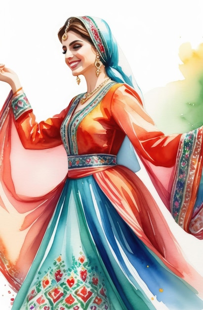 Photo young persian girl in traditional clothes dancing celebrating nowruz watercolor illustration