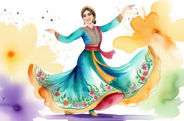 young persian woman in traditional clothes celebrating Nowruz dancing watercolor illustration