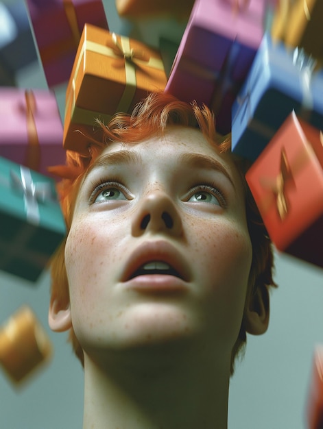 Photo young person amazed by floating presents