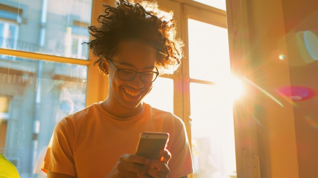 A young person in a bright room beaming at a smartphone grateful for the hasslefree way to manage personal tasks