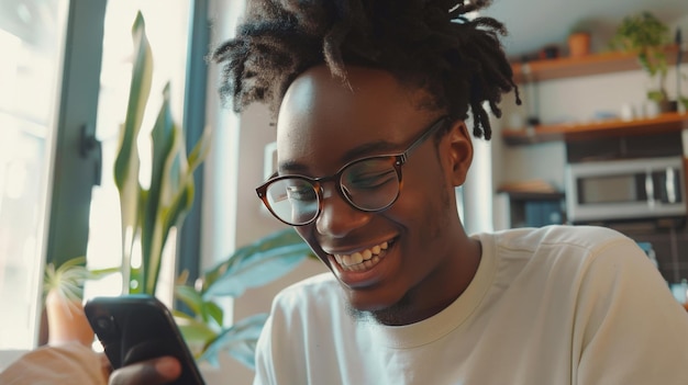 A young person in a bright room beaming at a smartphone grateful for the hasslefree way to manage personal tasks