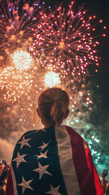 A young person draped in the American flag gazes up at a dazzling fireworks display a vibrant celebr