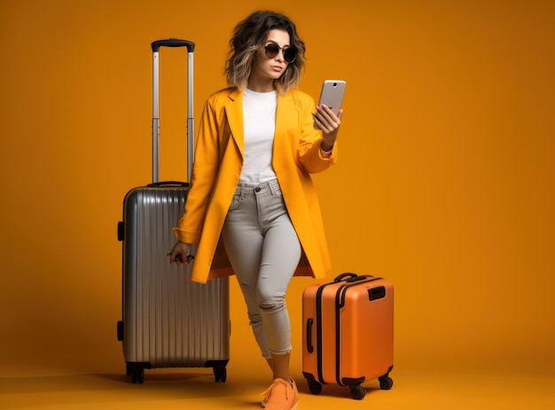 Photo young person holding luggage and walking with phone