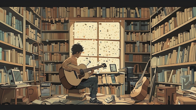 Young Person Playing Guitar in a Library Room