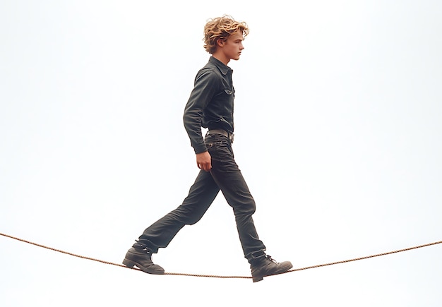 Photo a young person walking confidently on a tightrope against a bright sky