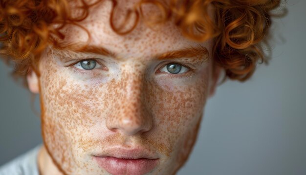 Photo young person with curly red hair and freckles gazing intently at the camera in natural light