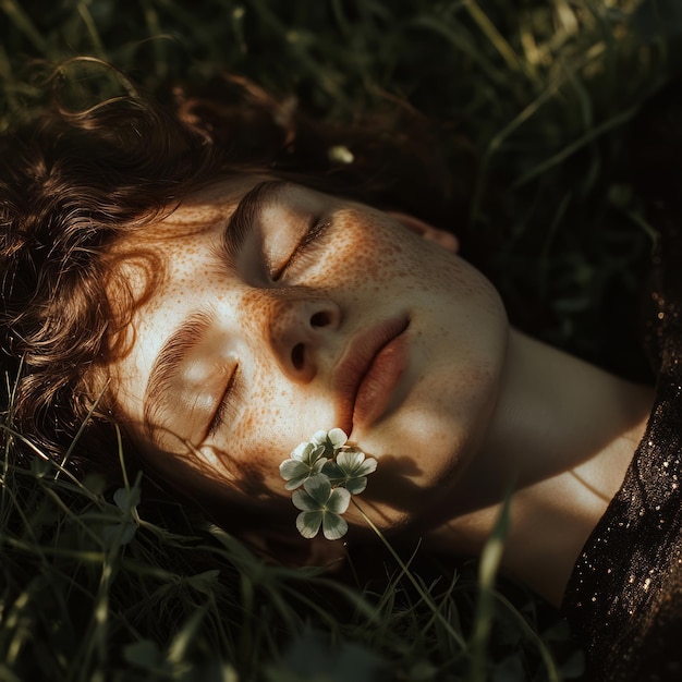 Photo a young person with freckles and curly hair lays in a field of green grass with a white flower on their cheek