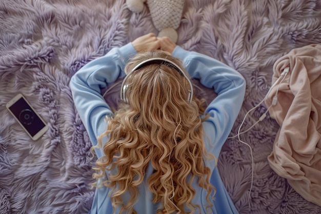 Young person with long curly hair rests on a fluffy bed wearing headphones and surrounded by cozy items Image showcases relaxation and comfort in a youthful style Generative AI