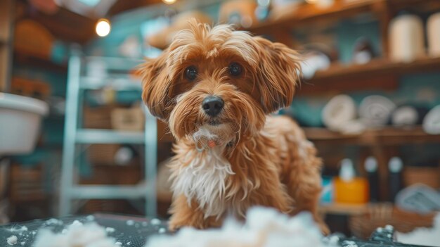 Photo young pet owner grooming dog at home with shaved fur in cozy grooming area