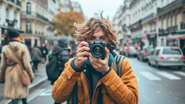 Photo young photographer capturing urban street scene in autumn