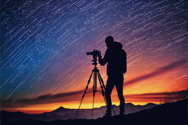 Young photographer taking picture of sunrise sky with star trails digital art style illustration painting fantasy concept of a young photographer taking picture