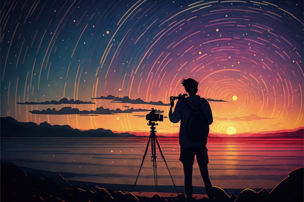 Young photographer taking picture of sunrise sky with star trails digital art style illustration painting fantasy concept of a young photographer taking picture