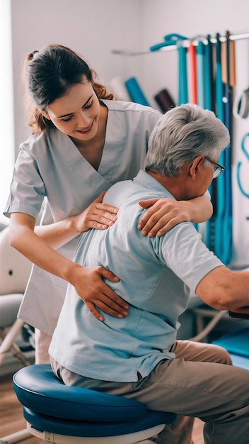 Young physiotherapist helping a patient with back problems