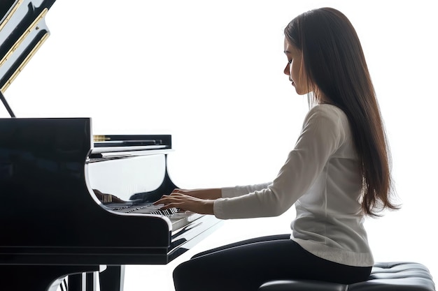 Photo young pianist performing in soft light at a grand piano creating a serene melody during a quiet practice session