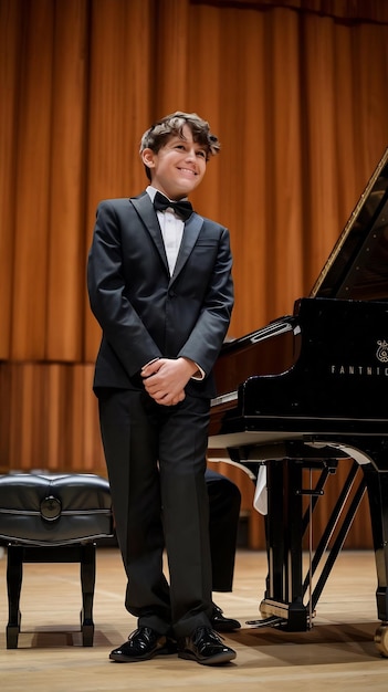 Photo young pianist standing proudly on stage appreciating of the crowd