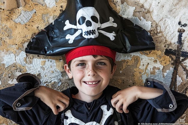 Photo young pirate boy posing confidently against rustic wall background