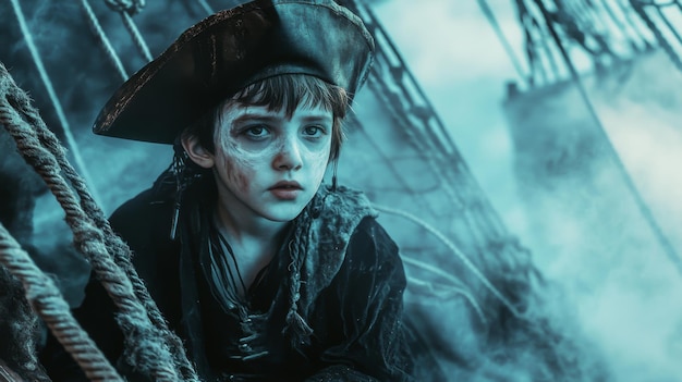 A Young Pirate Boy with White Makeup Gazing Pensively On A Ship