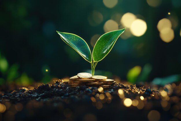 Photo young plant growing from stack of coins symbolizing growth sustainability and financial success