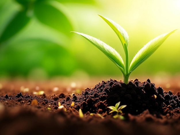 Young plant growing in garden with sunlight Green background