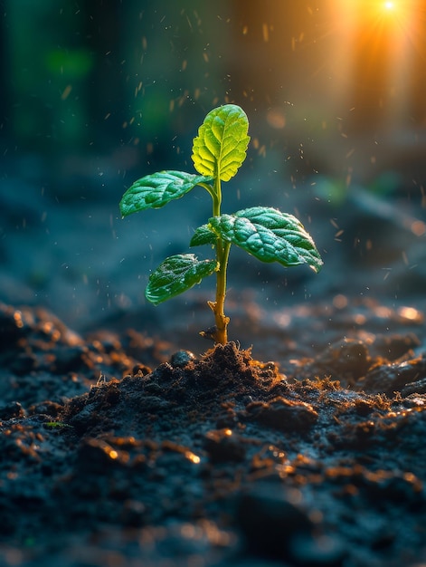 Young plant growing in the morning light and green bokeh background