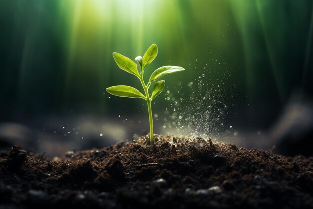 Young plant growing in soil at sunrise