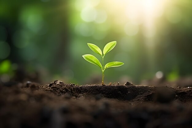 a young plant growing in a soil with the sun behind it