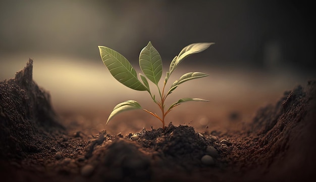 A young plant grows from the ground Generative ai