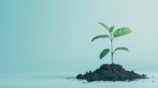 Young plant grows in soil against blue background