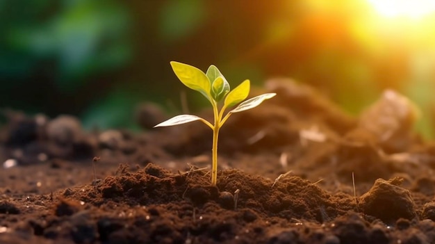 A young plant is shown growing under sunlight repre