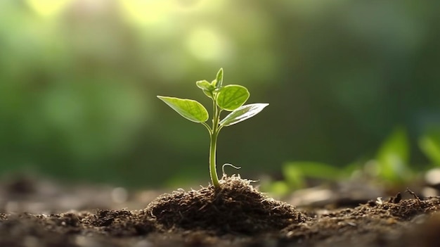 A young plant is shown growing under sunlight repre