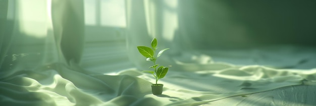 Young plant in a small pot casts a soft shadow in a serene and dreamy room