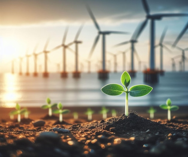 Young plant springing up out of the soil Offshore windmill farm earth day background