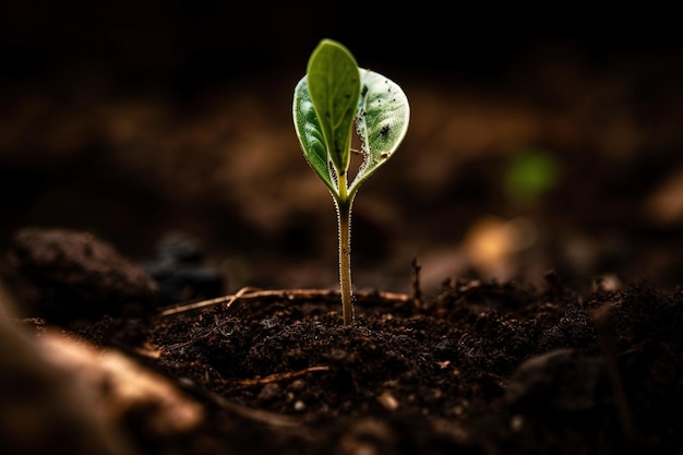 A young plant sprouting from the ground with the sun shining on it.