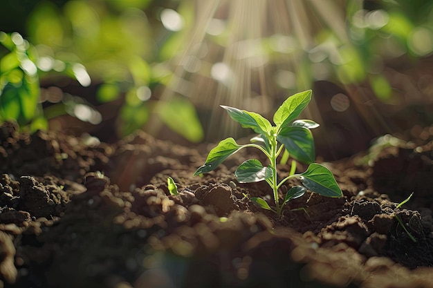 Young plant sprouting and growing in a garden environment