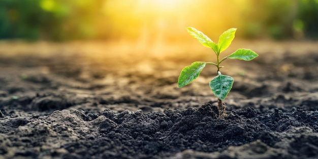 A young plant sprouts from dark soil illuminated by warm sunlight symbolizing growth renewal and the beauty of nature