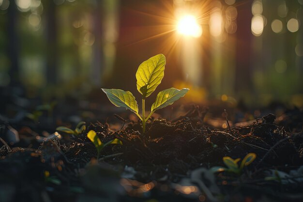 A young plant sprouts from the ground in a forest